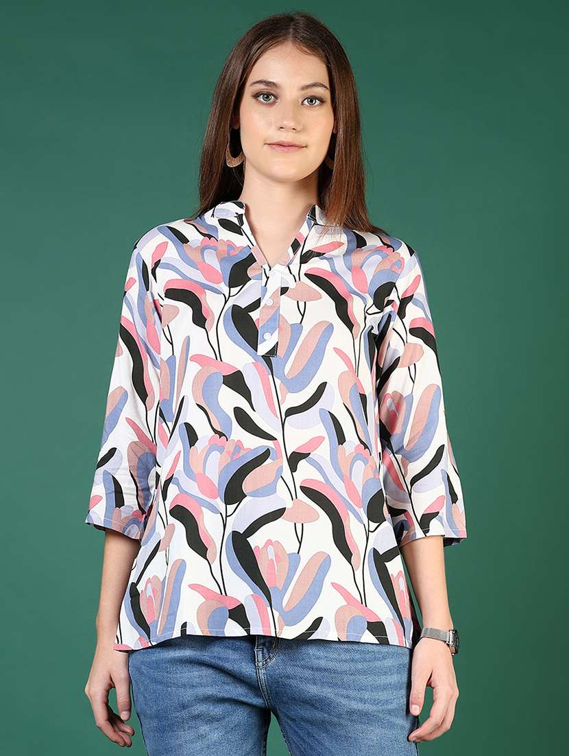 women printed mandarin neck regular top - 21698945 - Zoom Image - 0
