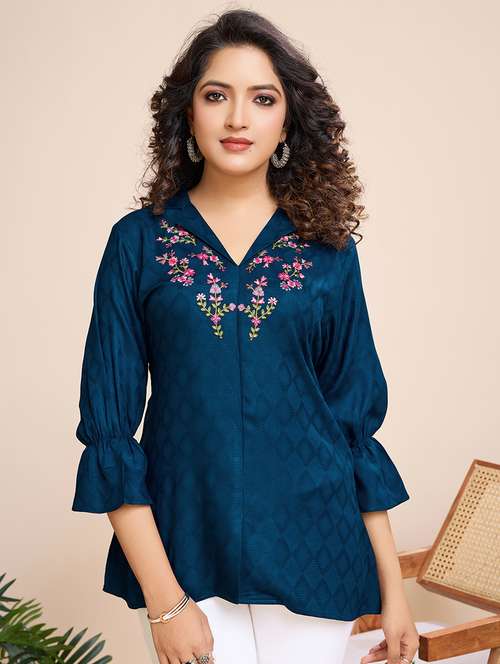 women embroidered three quarter sleeves a-line top - 21698998 -  Standard Image - 0