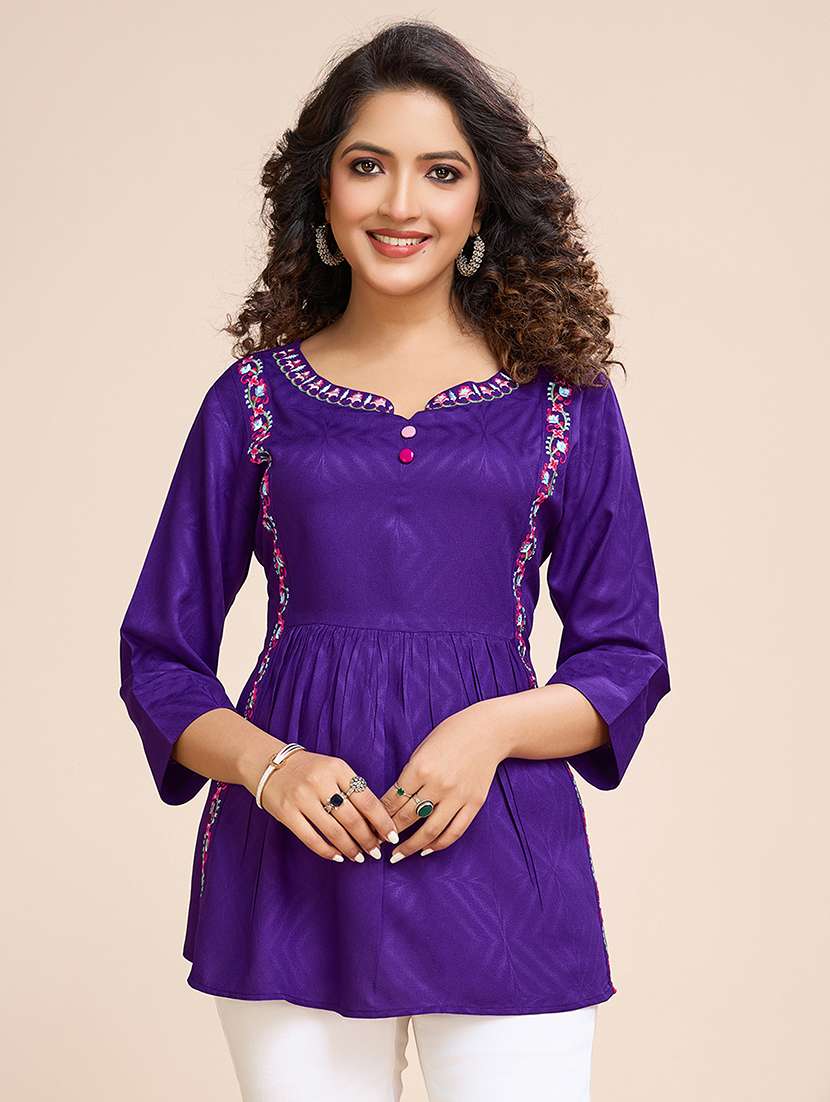 women embroidered three quarter sleeves a-line top