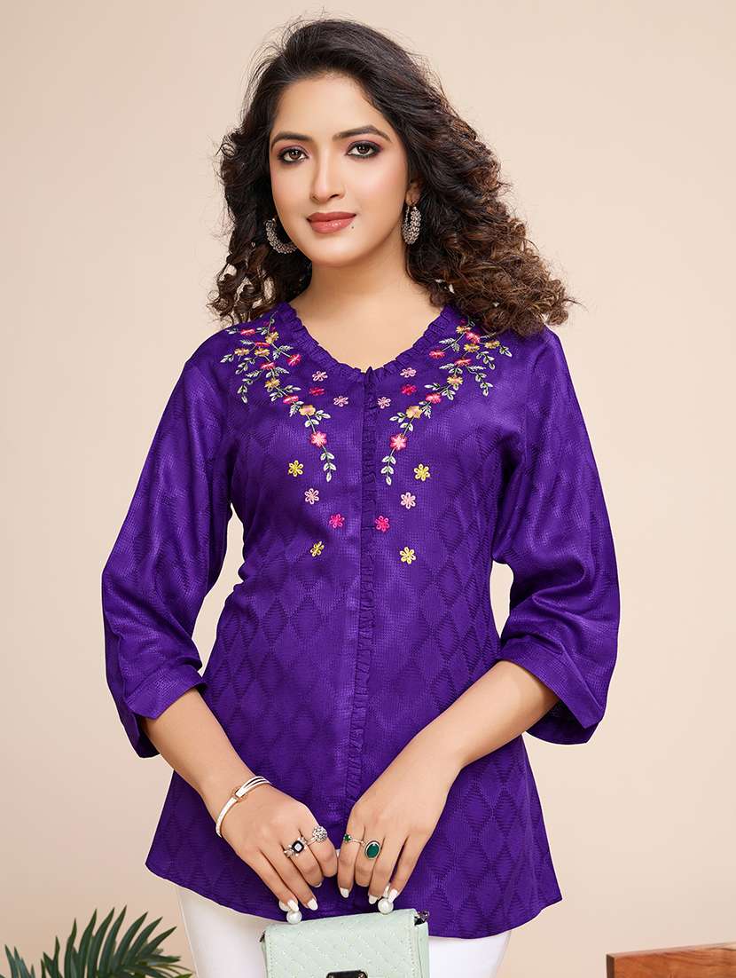 women embroidered three quarter sleeves a-line top