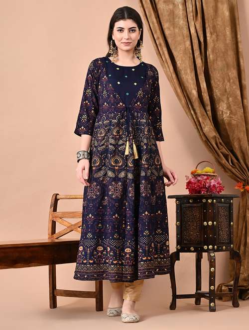 women navy blue printed round neck a-line kurta - 21699028 - Standard Image - 0