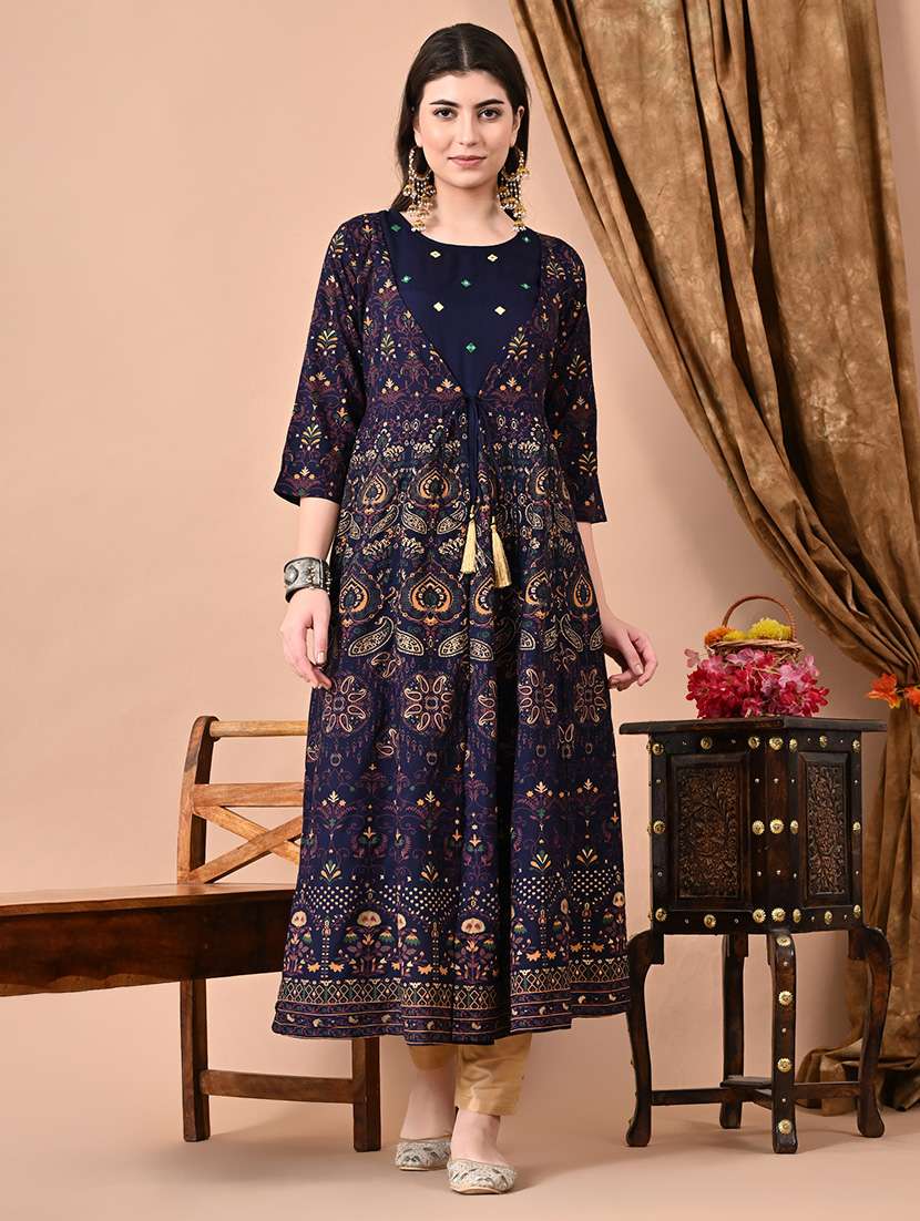 women navy blue printed round neck a-line kurta - 21699028 - Zoom Image - 0