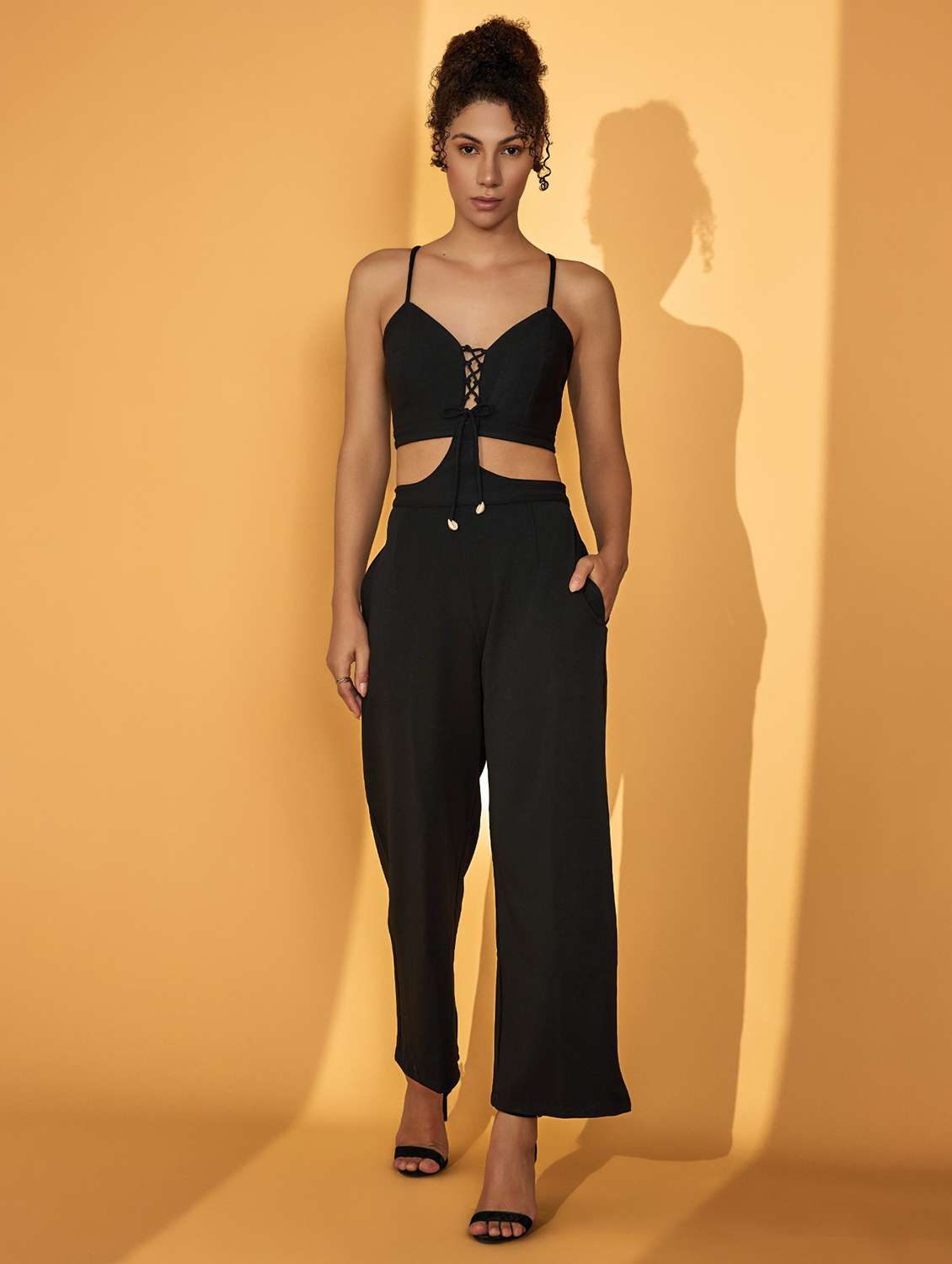women solid shoulder strap sleeve full leg jumpsuit - 21699143 - Zoom Image - 0