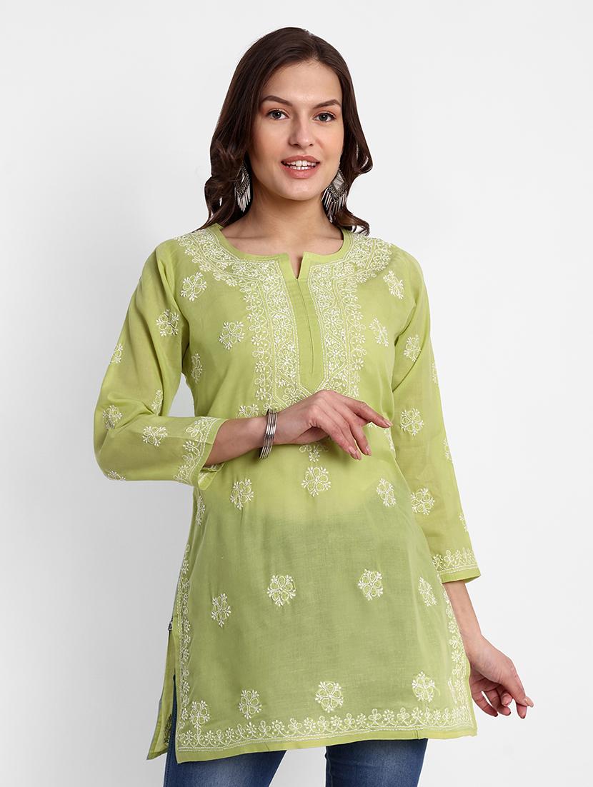 women notch neck chikankari work straight kurti - 21699225 -  Zoom Image - 0