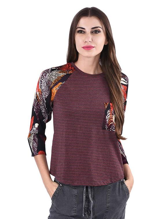 women stripes printed round neck t-shirt - 21699611 -  Zoom Image - 0
