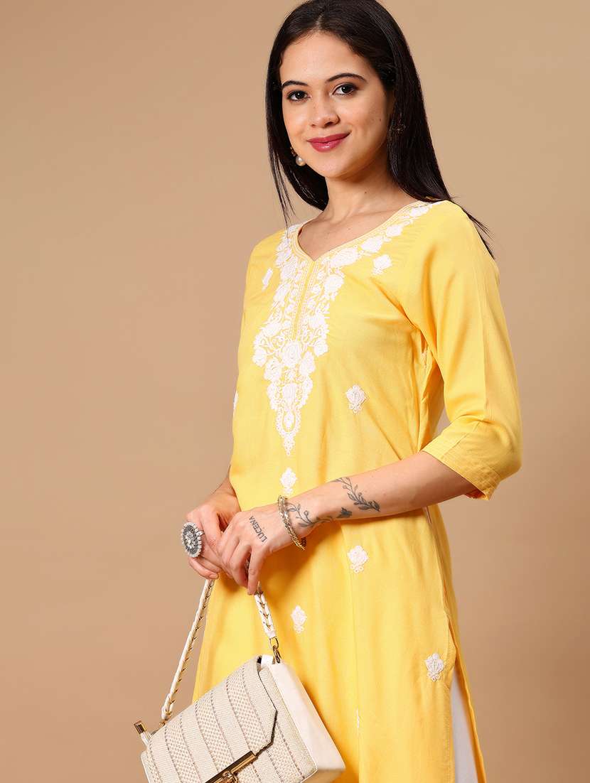 women yellow embroidered straight kurta