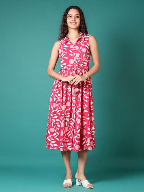 women printed shirt collar neck fit & flare dress - 21699973 - Standard Image - 0