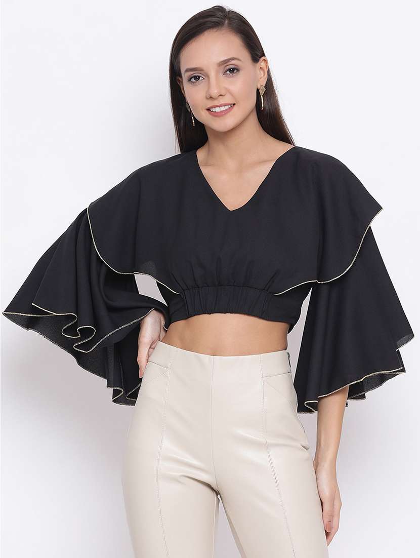 women black solid ruffle sleeve crop top - 21700097 -  Zoom Image - 0