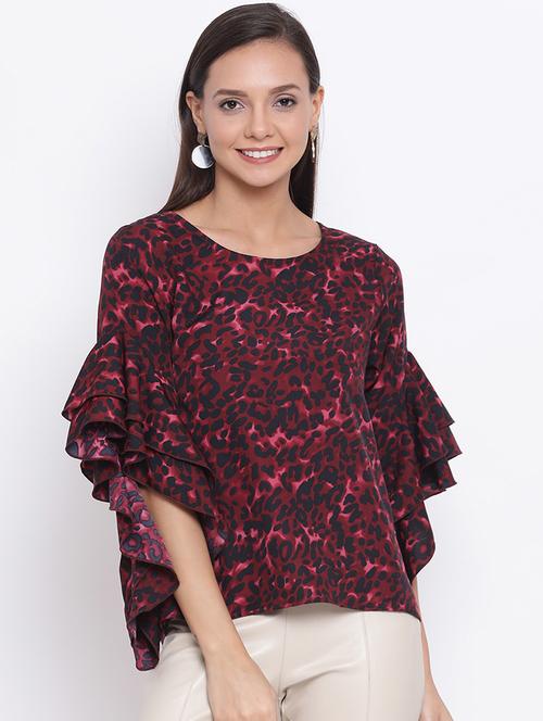 women maroon animal print ruffle sleeve top - 21700103 -  Standard Image - 0