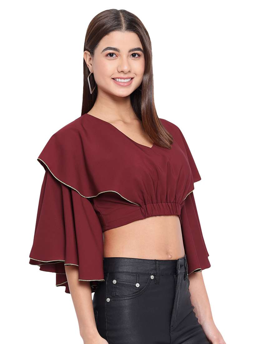women maroon solid v neck crop top - 21700104 -  Standard Image - 2