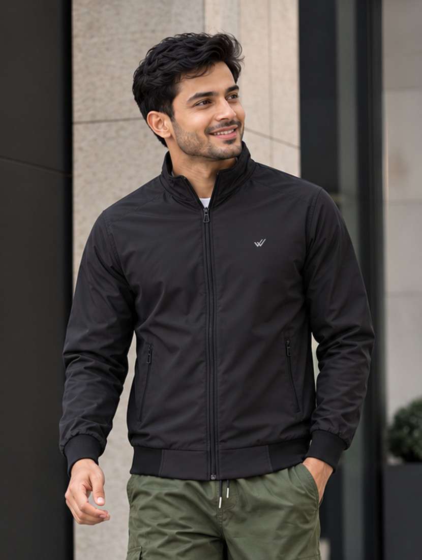 men solid black polyester casual jacket