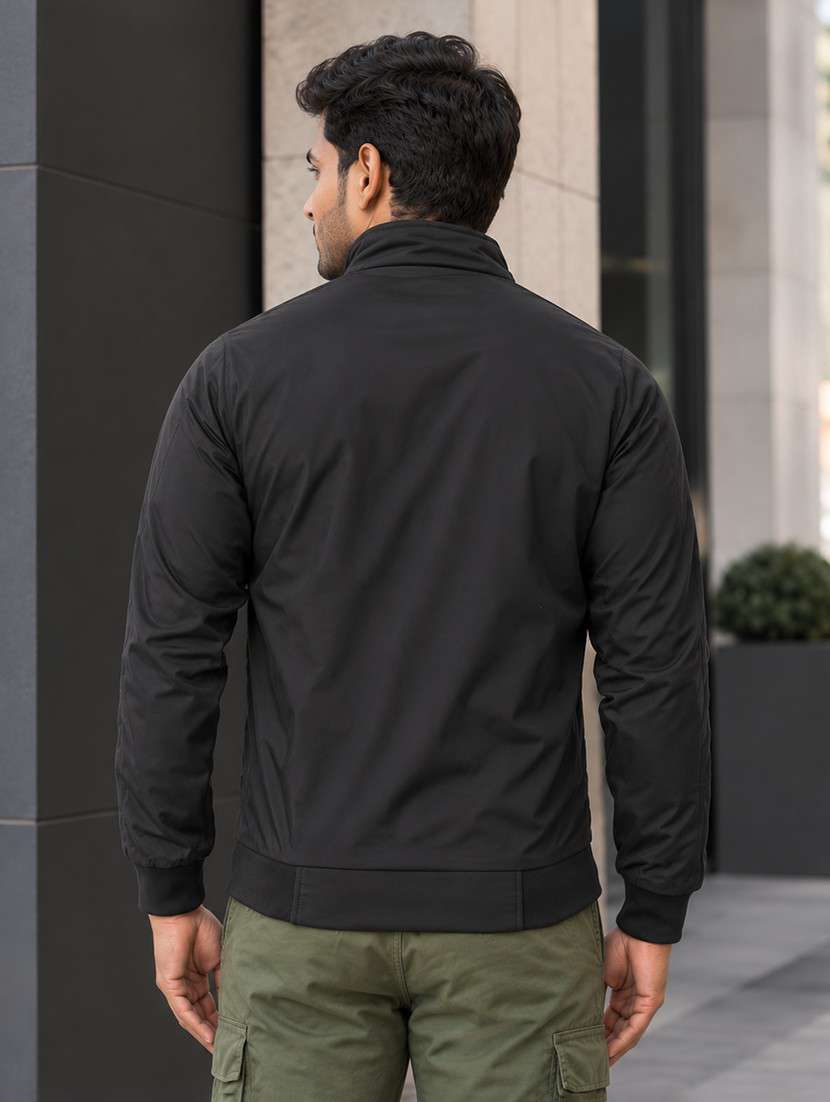 Men Solid Black Polyester Casual Jacket - 21700111 -  Standard Image - 2