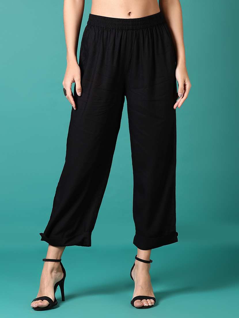 women black solid straight palazzo