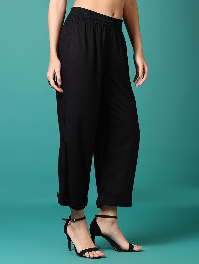 women black solid straight palazzo - 21700305 - Standard Image - 2