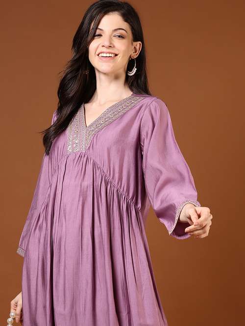 women lavender three quarter sleeve a-line kurta - 21700313 - Standard Image - 0