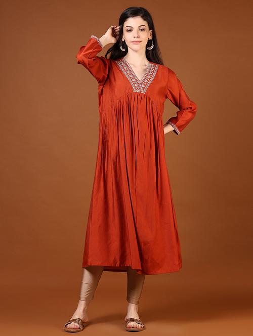women rust three quarter sleeve a-line kurta - 21700314 - Standard Image - 0