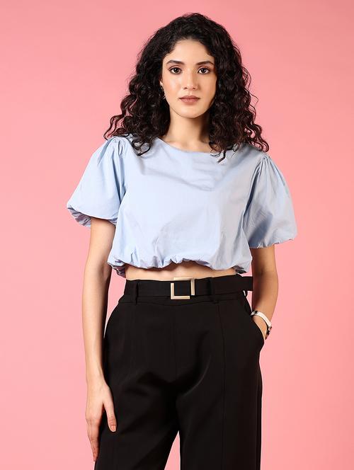 women light blue solid puff sleeve crop top - 21700356 - Standard Image - 0