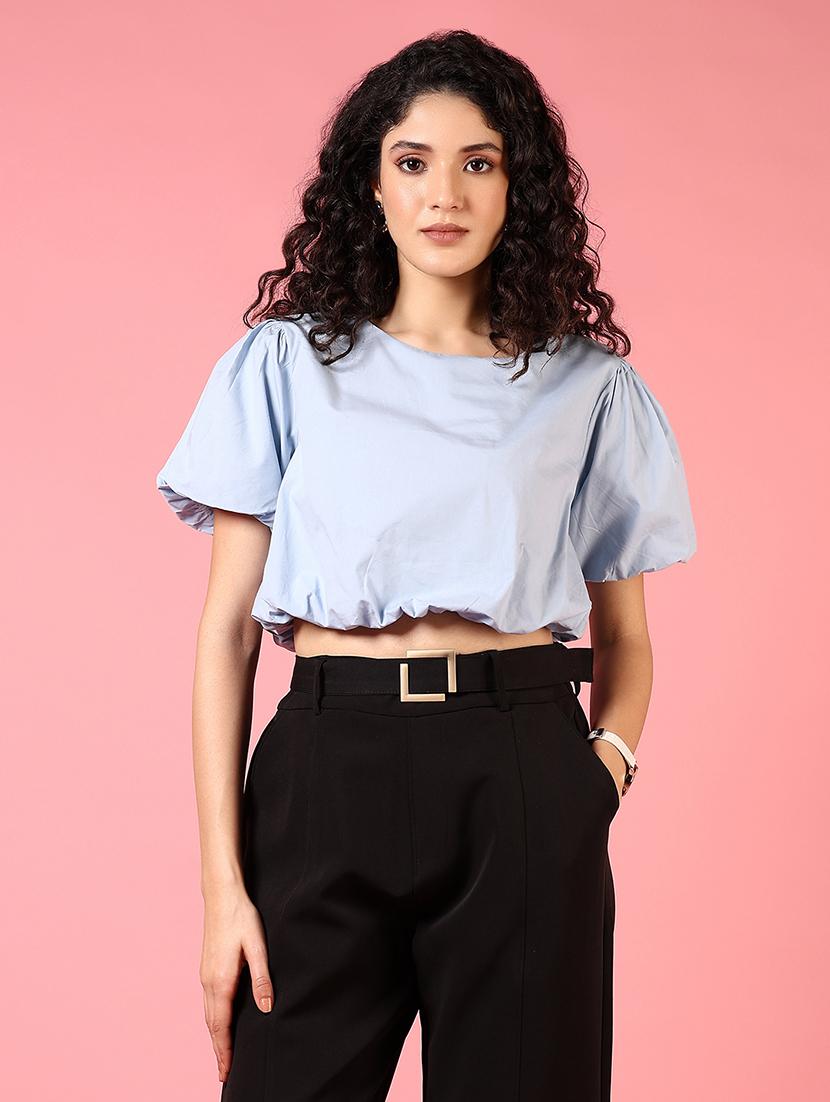 women light blue solid puff sleeve crop top - 21700356 - Zoom Image - 0