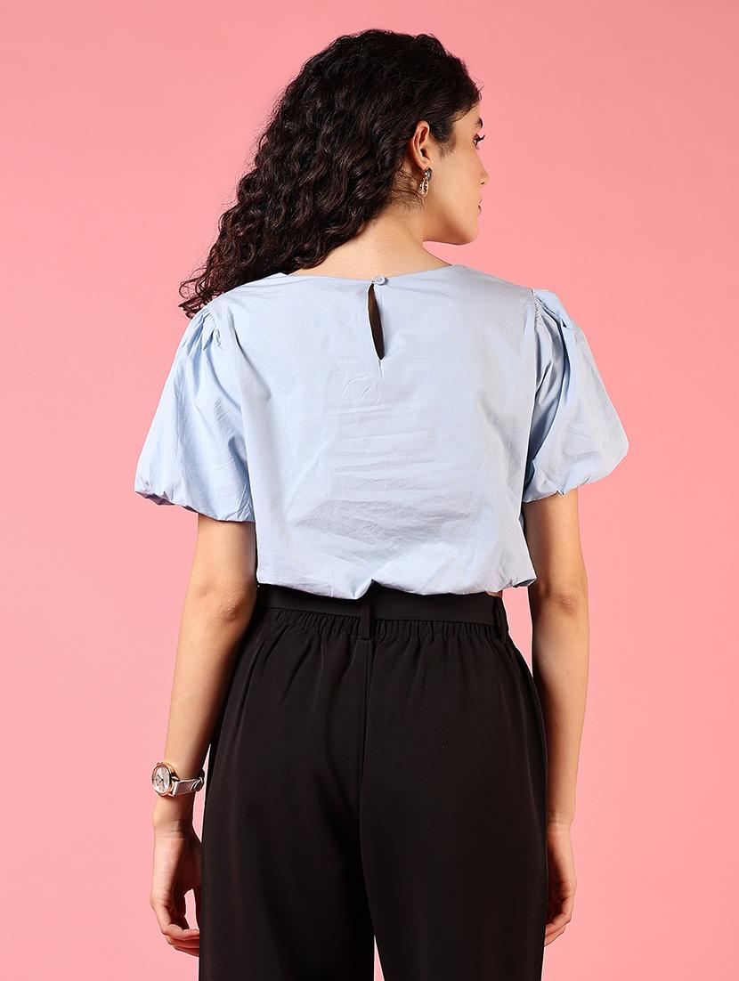 women light blue solid puff sleeve crop top - 21700356 - Standard Image - 2