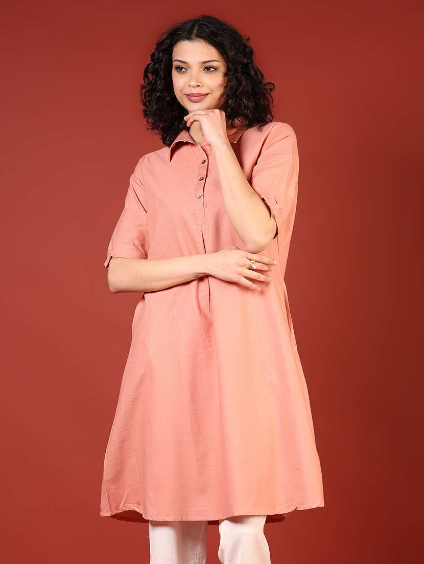 women peach solid elbow length a-line kurta