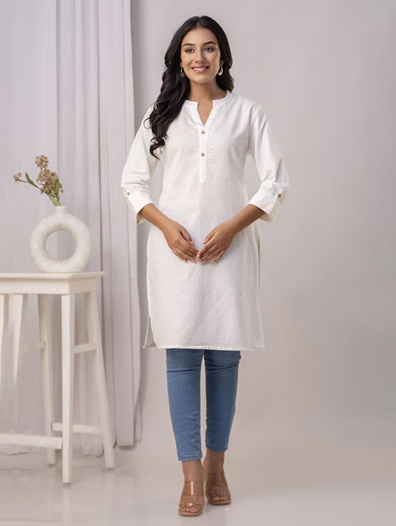 women solid three quarter sleeve straight kurta - 21700571 - Zoom Image - 0