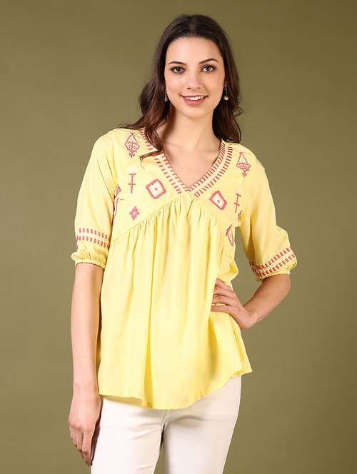 women v-neck embroidered a-line top
