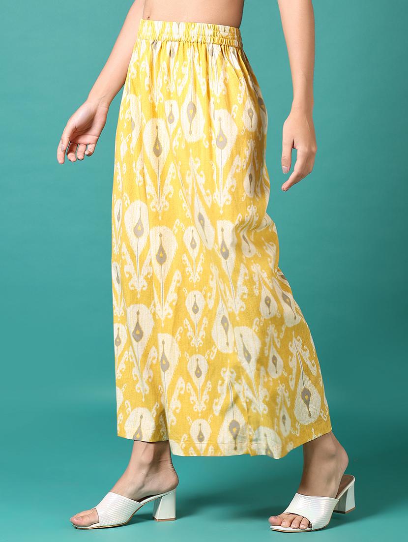 women yellow ikat printed straight palazzo - 21700772 - Standard Image - 2