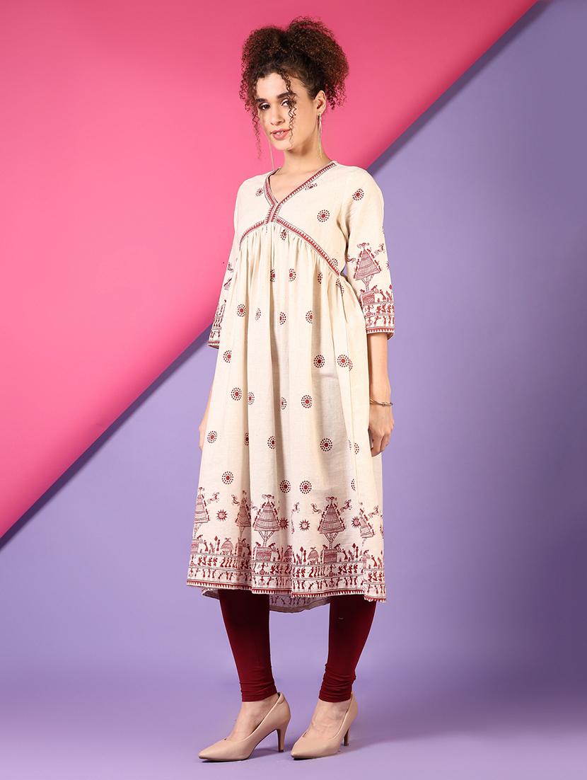 women off white three quarter sleeve a-line kurta - 21700777 - Standard Image - 2