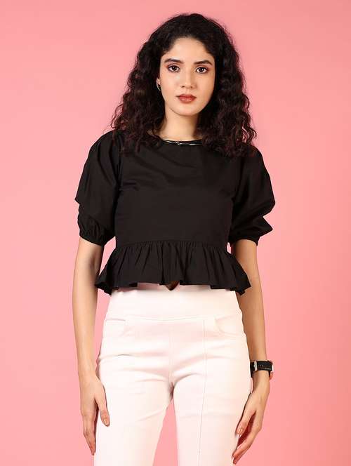 women black solid puff sleeve crop top - 21700785 - Standard Image - 0