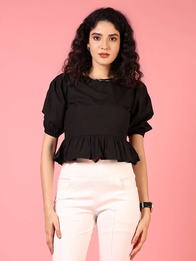 women black solid puff sleeve crop top - 21700785 - Zoom Image - 0