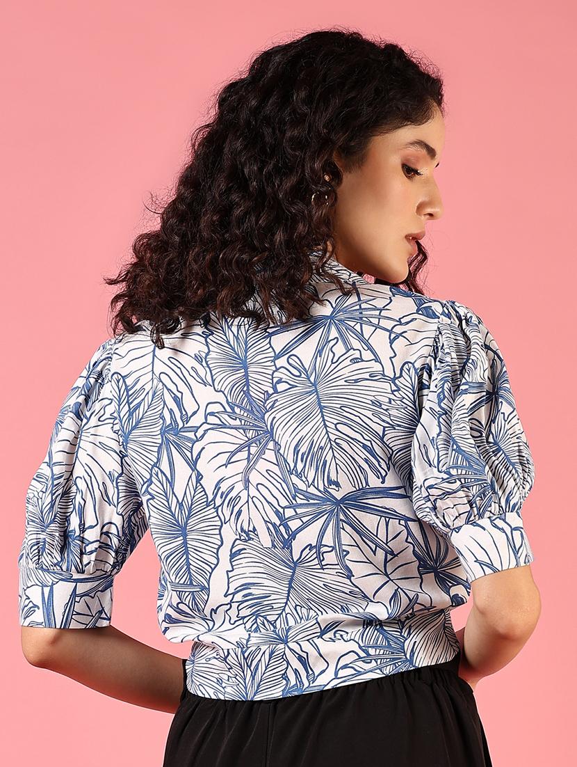women blue puff sleeve printed crop top - 21700786 - Standard Image - 2