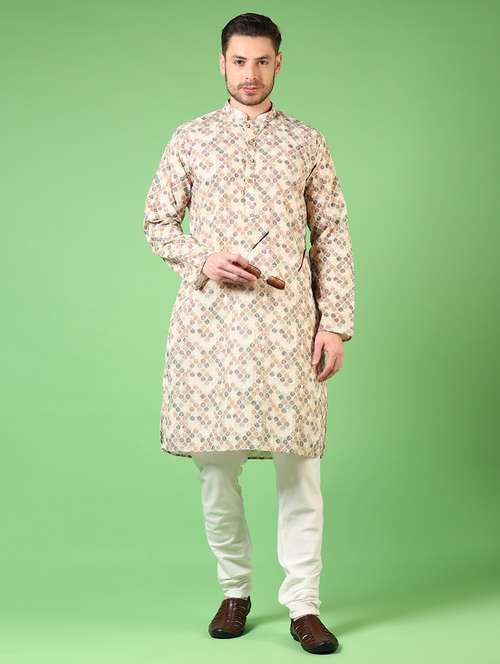 men printed mandarin neck kurta churidar ethnic wear set