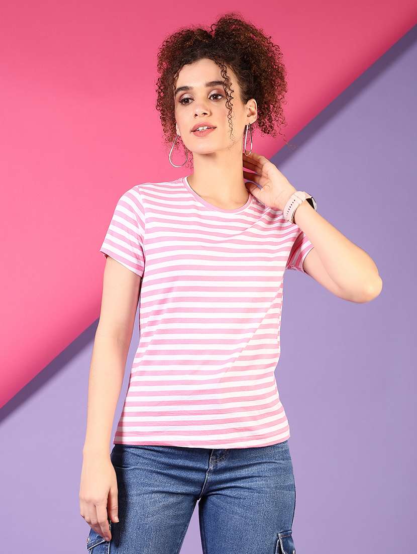women pink striped short sleeve t-shirt