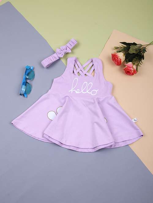 girls lavender typographic print frock with hairband