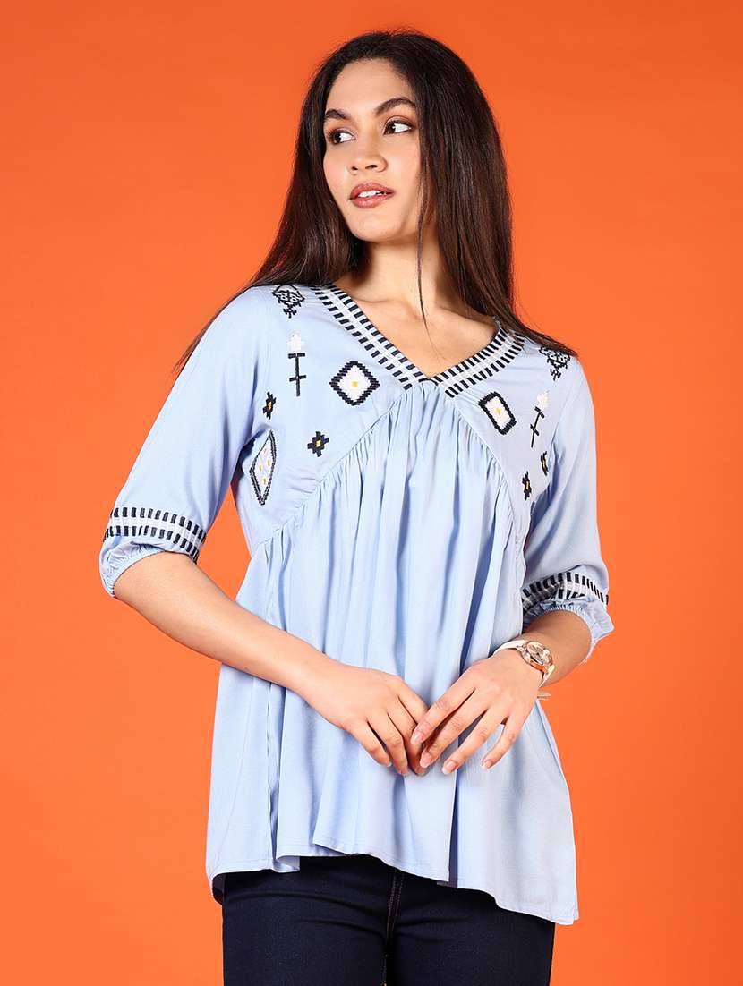 women v-neck embroidered a-line top