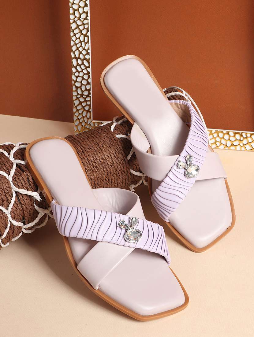 purple synthetic slip on sandals