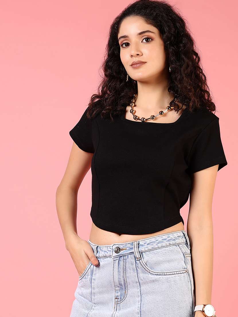 women black solid short sleeve crop top