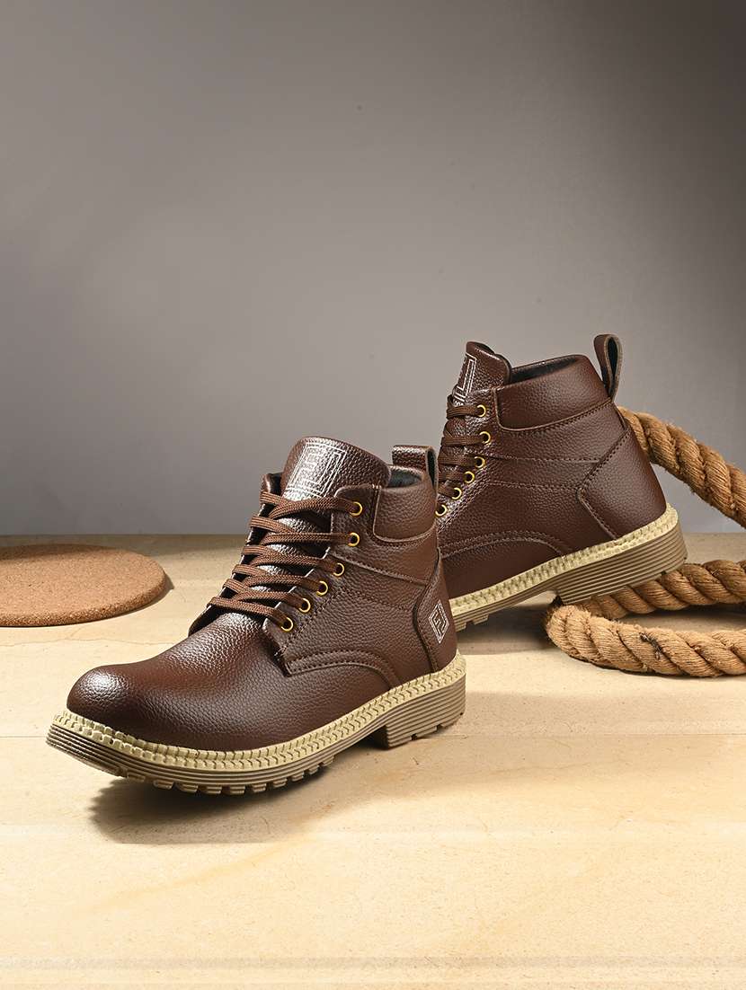 brown synthetic lace up boots