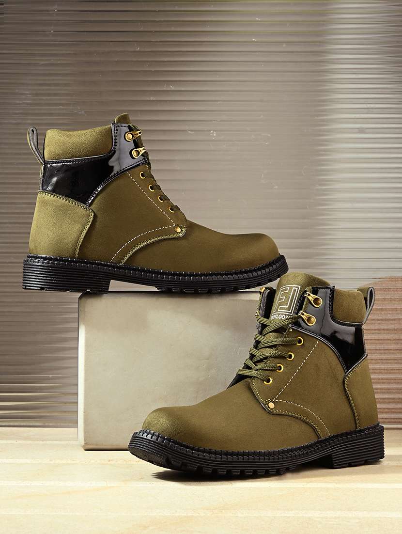 olive synthetic lace up boots