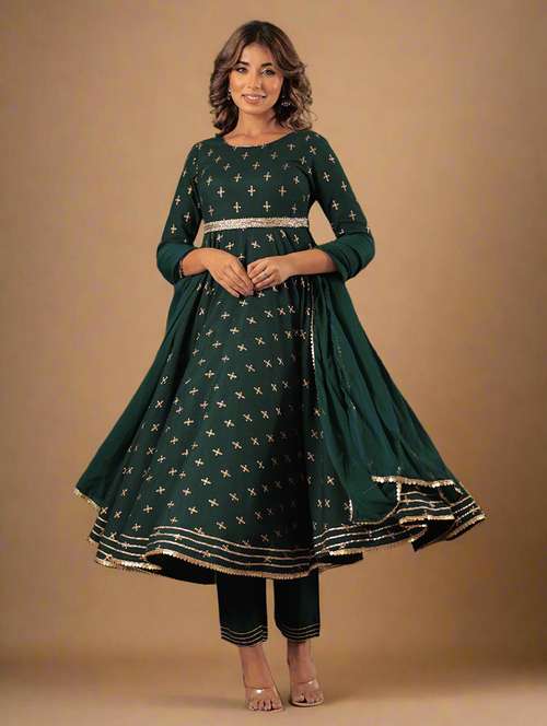 women three quarter sleeve anarkali kurta pant with dupatta set - 21703138 - Standard Image - 0