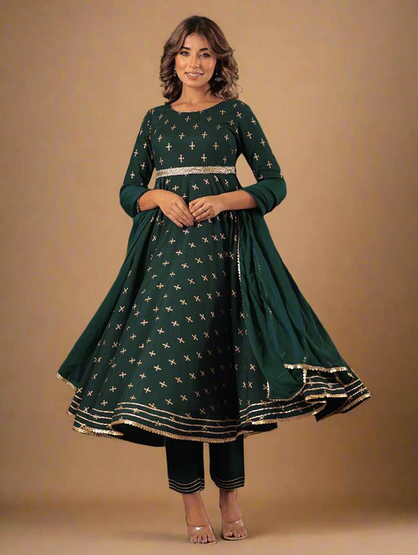 women three quarter sleeve anarkali kurta pant with dupatta set - 21703138 - Zoom Image - 0