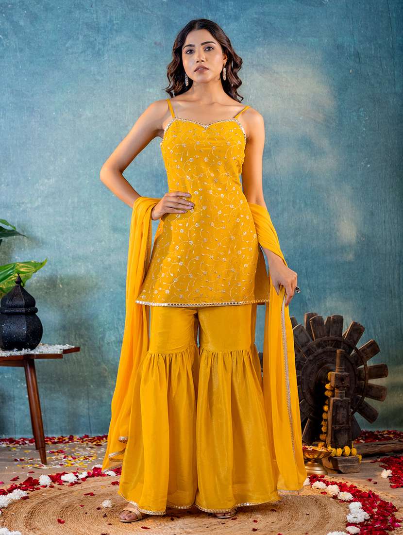 women mustard sleeveless kurta sharara set