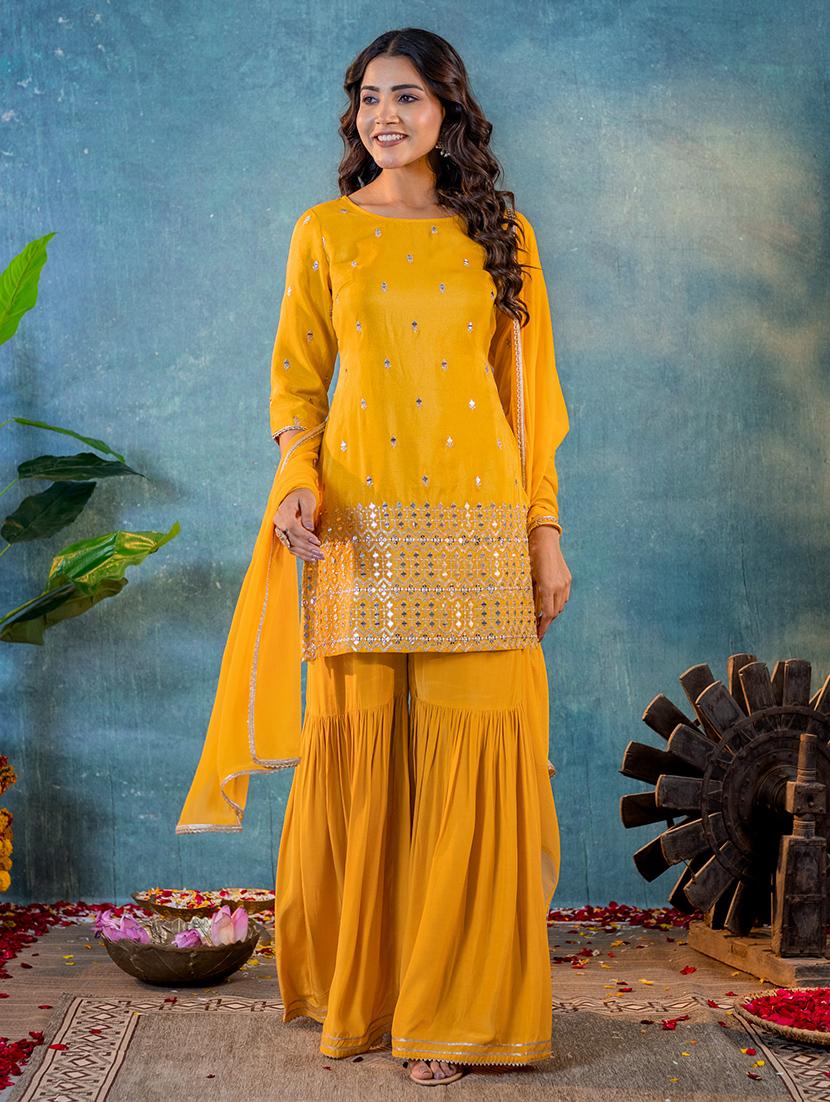 women mustard round neck kurta sharara set