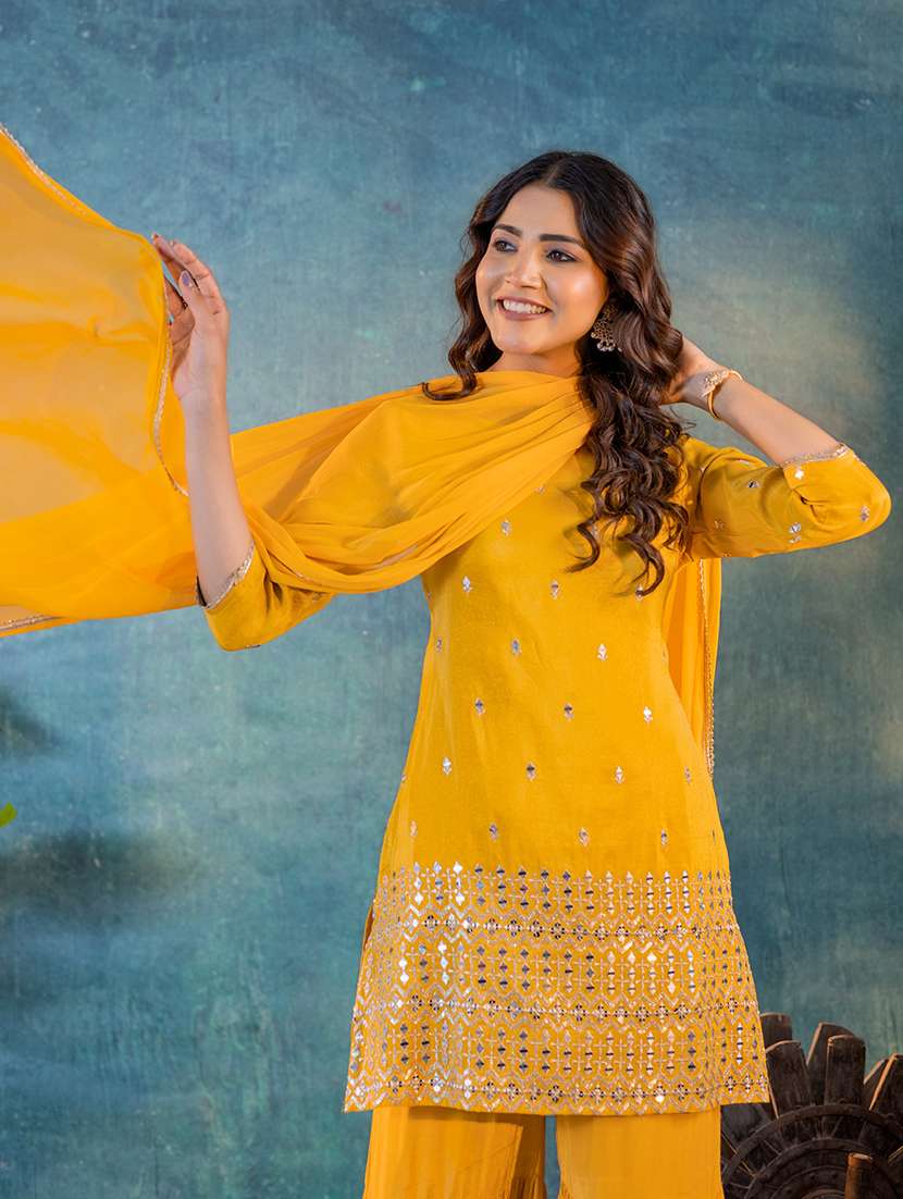Women Mustard Round Neck Kurta Sharara Set