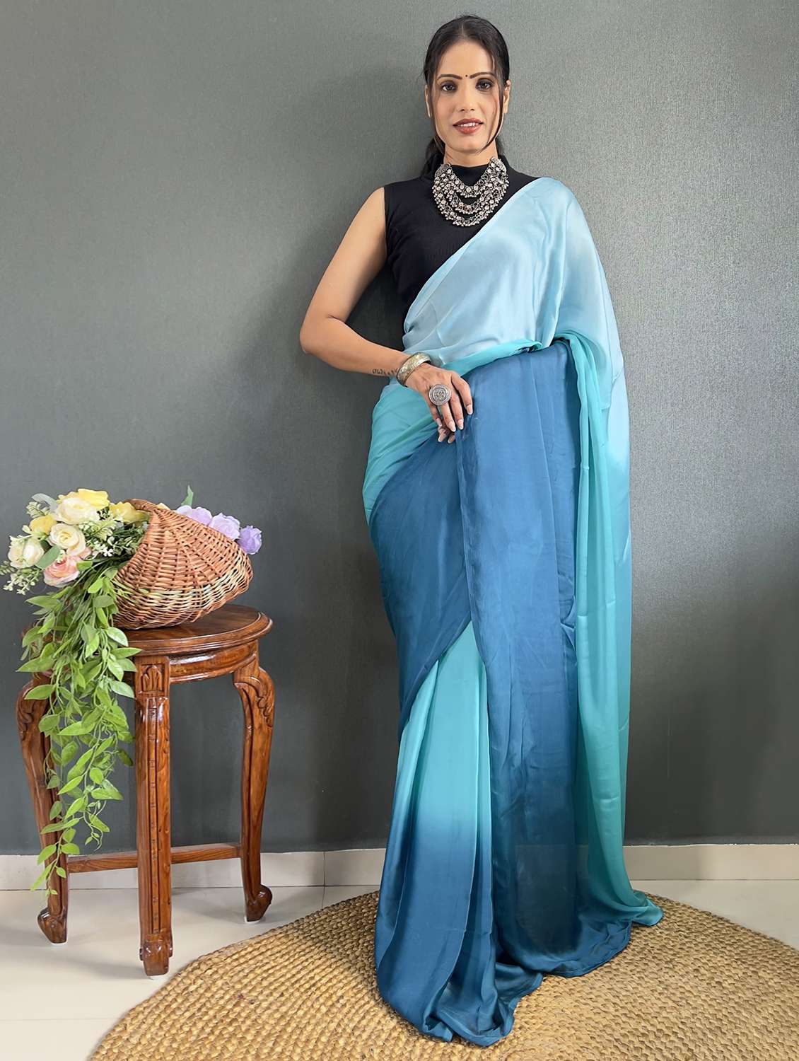 women blue ombre saree with blouse - 21703241 -  Zoom Image - 0