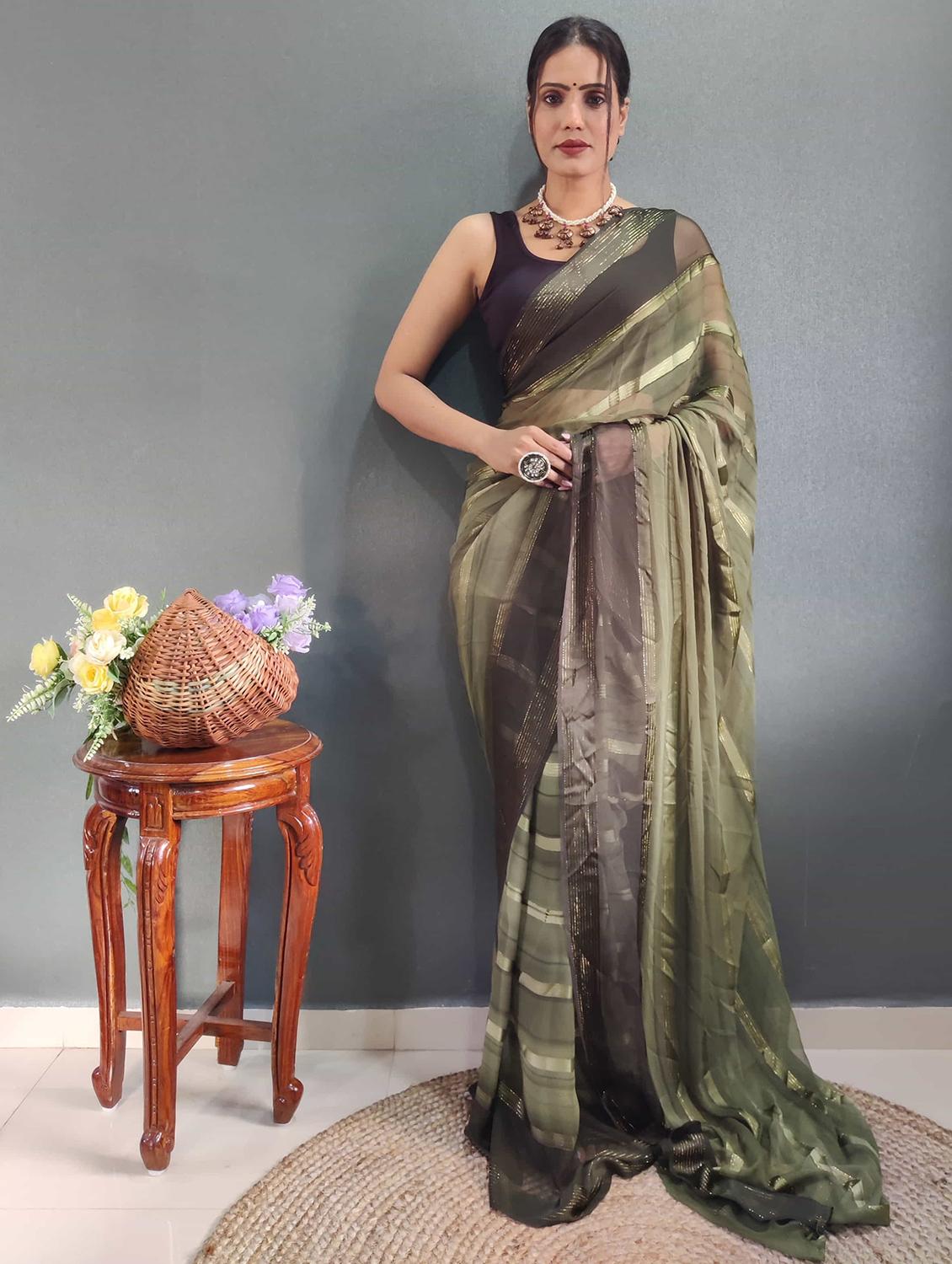 women stripes printed zari work saree with blouse - 21703311 -  Zoom Image - 0