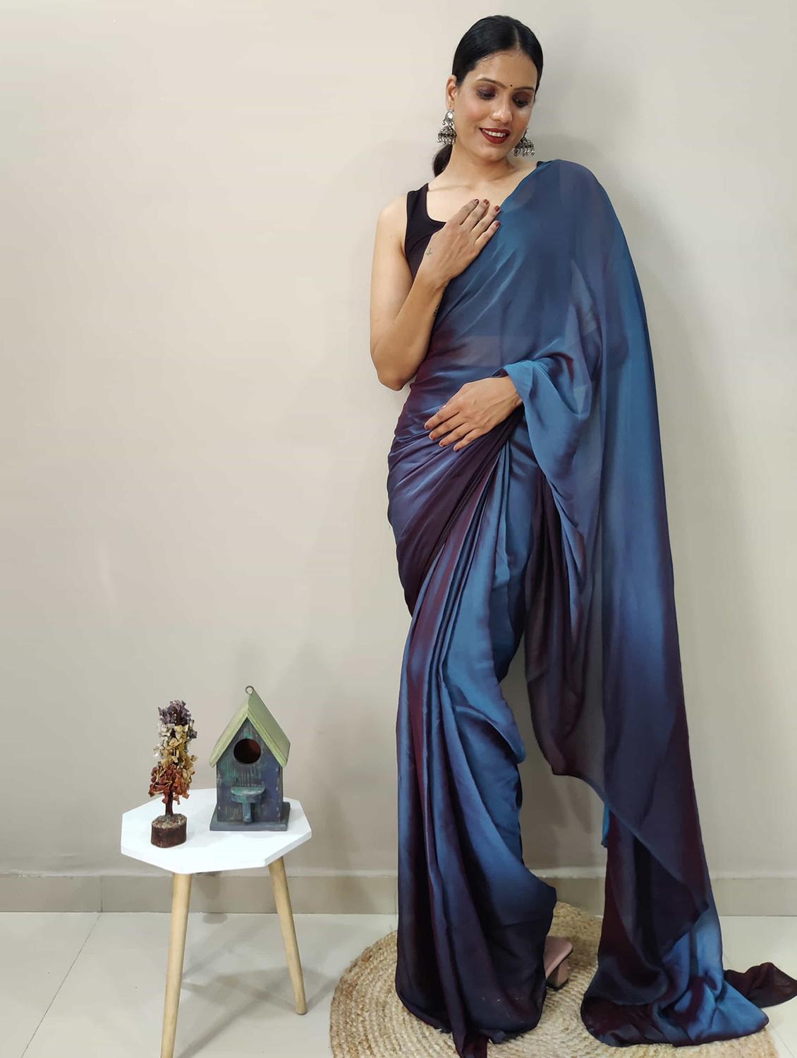 women blue ombre plain saree with blouse - 21703315 - Zoom Image - 0