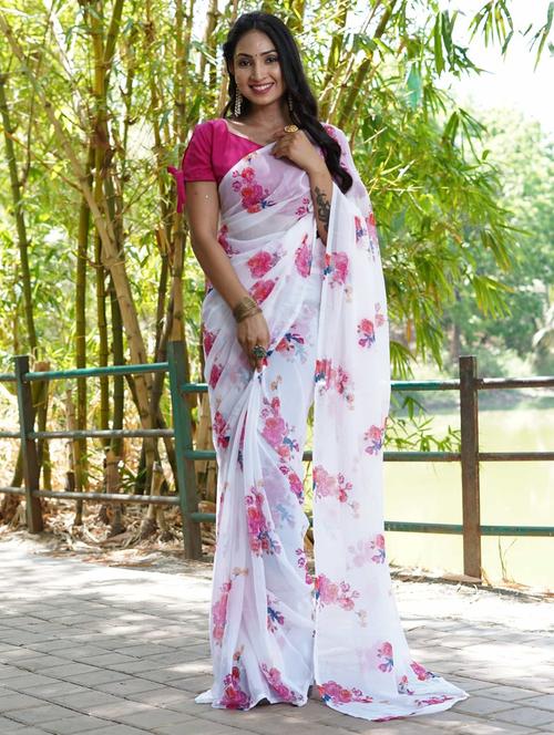 women white floral printed saree with blouse - 21703391 - Standard Image - 0