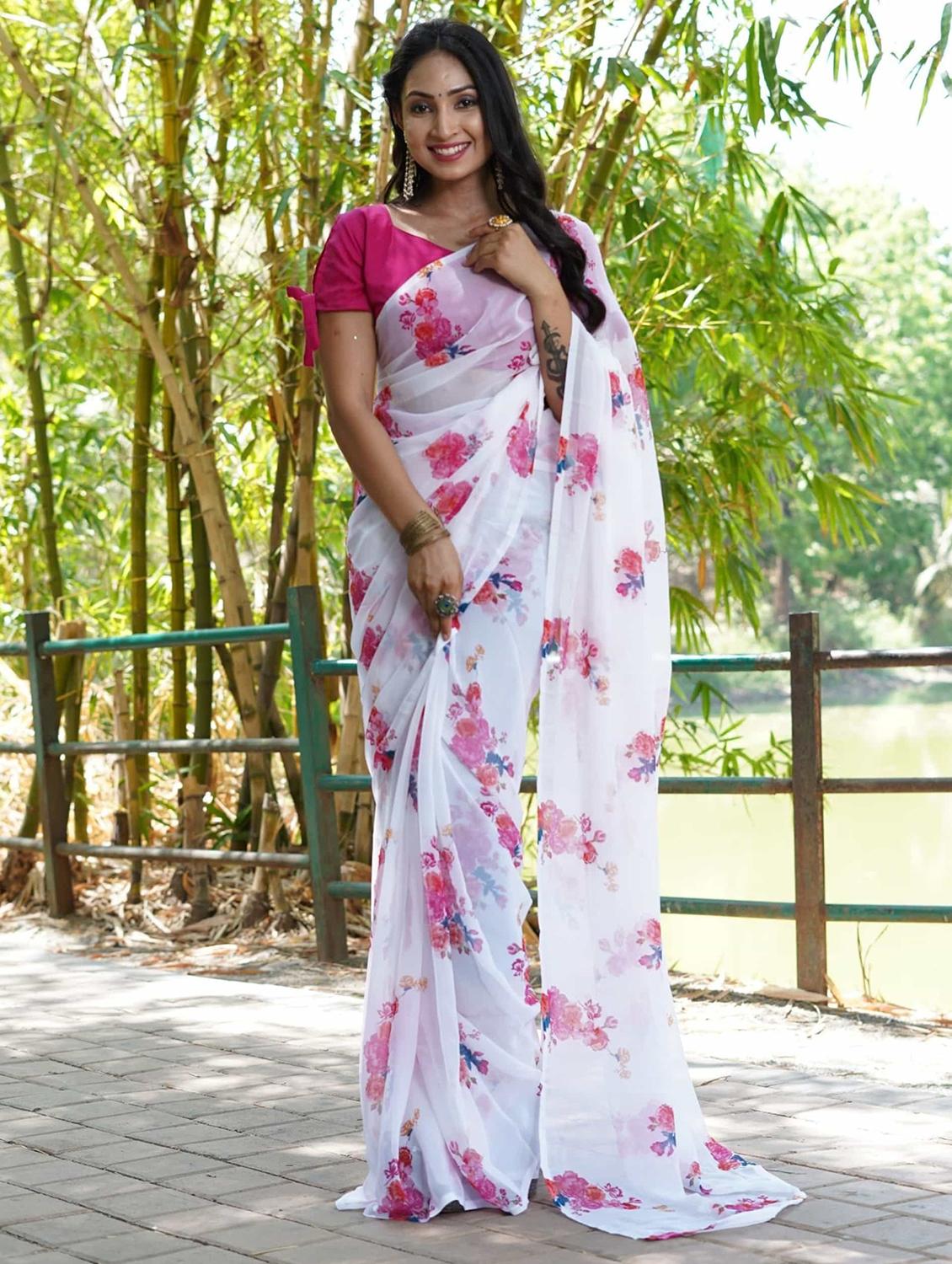 women white floral printed saree with blouse - 21703391 - Zoom Image - 0