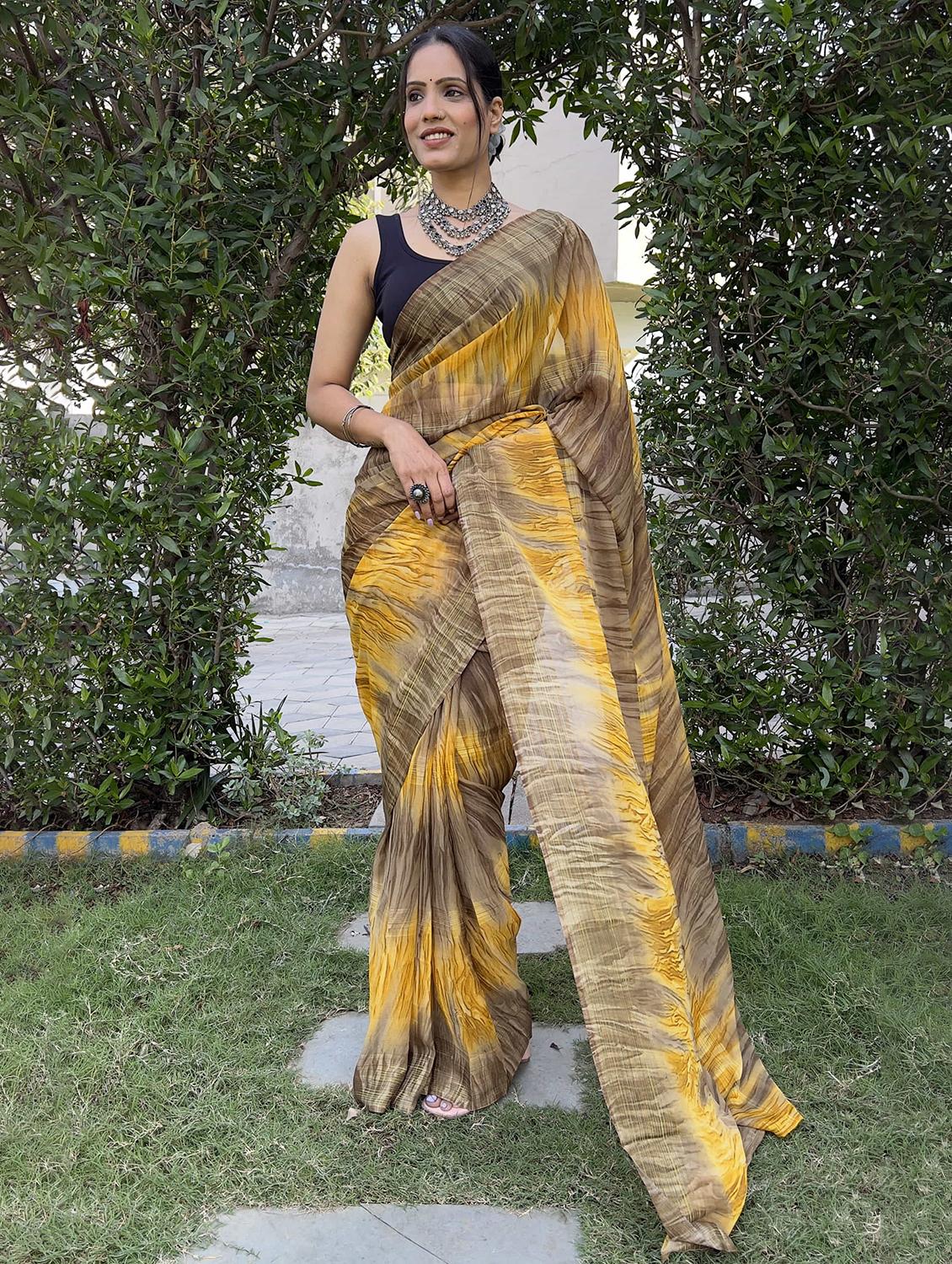 women yellow printed saree with blouse - 21703395 - Zoom Image - 0